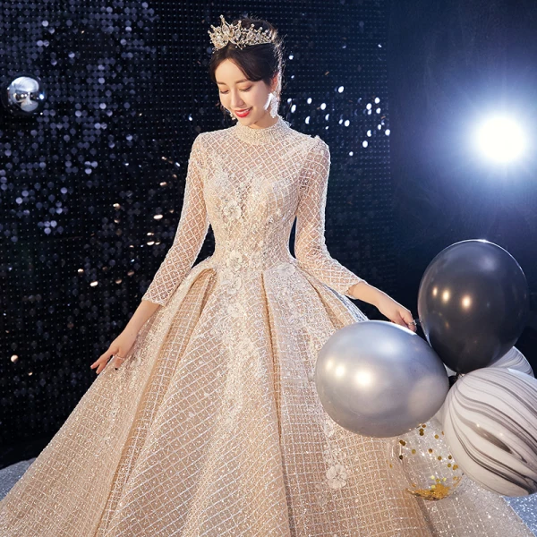 Luxury / Gorgeous Champagne Pierced Wedding Dresses 2020 Ball Gown High Neck 3/4 Sleeve Backless Glitter Tulle Beading Cathedral Train Ruffle