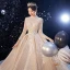Luxury / Gorgeous Champagne Pierced Wedding Dresses 2020 Ball Gown High Neck 3/4 Sleeve Backless Glitter Tulle Beading Cathedral Train Ruffle