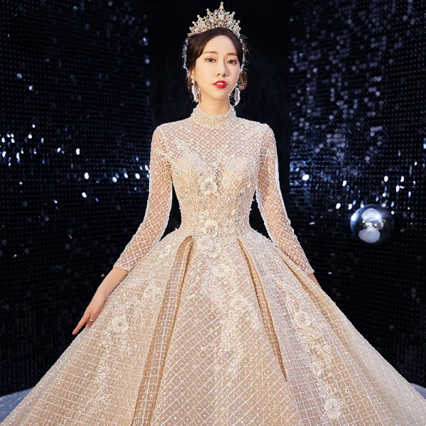 Luxury / Gorgeous Champagne Pierced Wedding Dresses 2020 Ball Gown High Neck 3/4 Sleeve Backless Glitter Tulle Beading Cathedral Train Ruffle