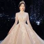 Luxury / Gorgeous Champagne Pierced Wedding Dresses 2020 Ball Gown High Neck 3/4 Sleeve Backless Glitter Tulle Beading Cathedral Train Ruffle