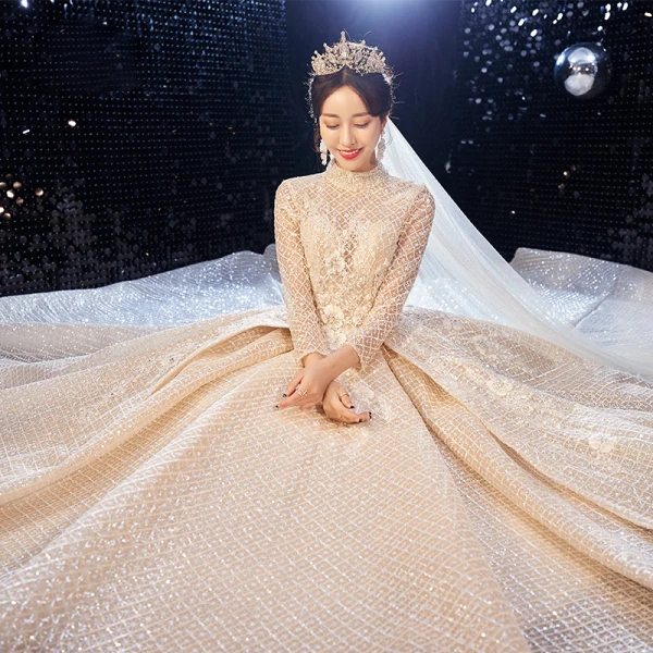 Luxury / Gorgeous Champagne Pierced Wedding Dresses 2020 Ball Gown High Neck 3/4 Sleeve Backless Glitter Tulle Beading Cathedral Train Ruffle
