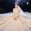 Luxury / Gorgeous Champagne Pierced Wedding Dresses 2020 Ball Gown High Neck 3/4 Sleeve Backless Glitter Tulle Beading Cathedral Train Ruffle
