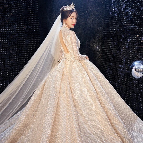 Luxury / Gorgeous Champagne Pierced Wedding Dresses 2020 Ball Gown High Neck 3/4 Sleeve Backless Glitter Tulle Beading Cathedral Train Ruffle