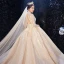 Luxury / Gorgeous Champagne Pierced Wedding Dresses 2020 Ball Gown High Neck 3/4 Sleeve Backless Glitter Tulle Beading Cathedral Train Ruffle