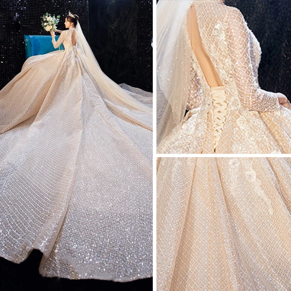 Luxury / Gorgeous Champagne Pierced Wedding Dresses 2020 Ball Gown High Neck 3/4 Sleeve Backless Glitter Tulle Beading Cathedral Train Ruffle