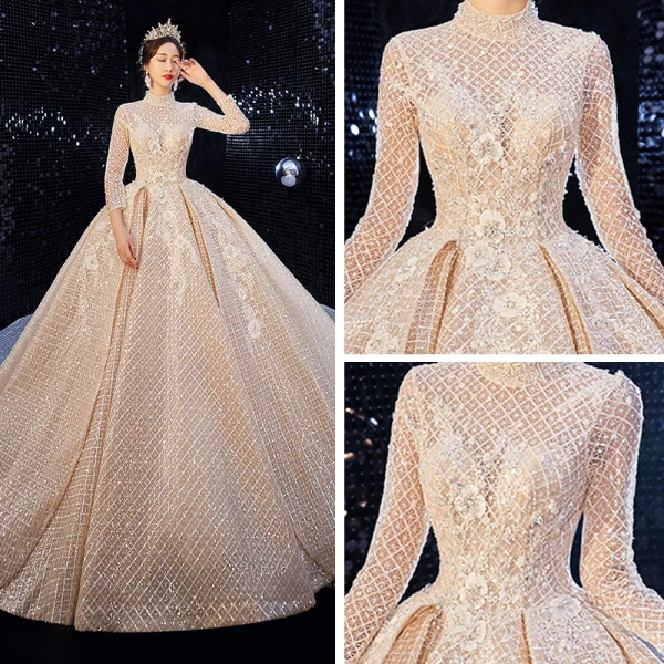 Luxury / Gorgeous Champagne Pierced Wedding Dresses 2020 Ball Gown High Neck 3/4 Sleeve Backless Glitter Tulle Beading Cathedral Train Ruffle