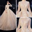 Luxury / Gorgeous Champagne Pierced Wedding Dresses 2020 Ball Gown High Neck 3/4 Sleeve Backless Glitter Tulle Beading Cathedral Train Ruffle