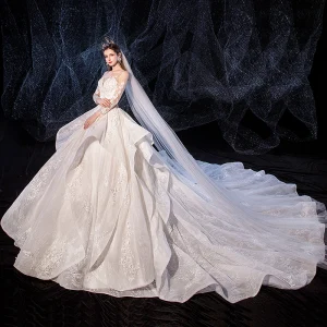 Romantic Ivory See Through Wedding Dresses 2020 Ball Gown Square Neckline 3 4 Sleeve Appliques Lace Beading Cathedral Train Ruffle