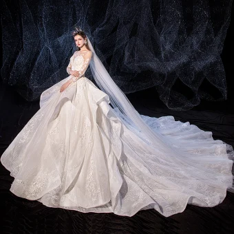 Romantic Ivory See Through Wedding Dresses 2020 Ball Gown Square Neckline 3 4 Sleeve Appliques Lace Beading Cathedral Train Ruffle