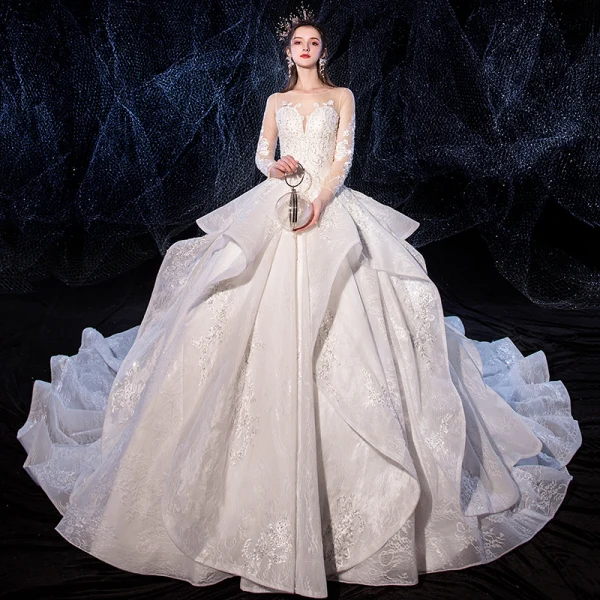 Romantic Ivory See-through Wedding Dresses 2020 Ball Gown Square Neckline 3/4 Sleeve Appliques Lace Beading Cathedral Train Ruffle