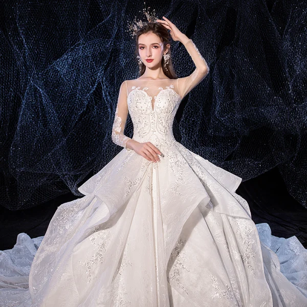 Romantic Ivory See-through Wedding Dresses 2020 Ball Gown Square Neckline 3/4 Sleeve Appliques Lace Beading Cathedral Train Ruffle