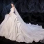 Romantic Ivory See-through Wedding Dresses 2020 Ball Gown Square Neckline 3/4 Sleeve Appliques Lace Beading Cathedral Train Ruffle