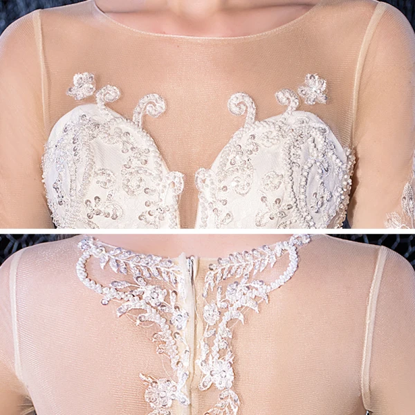 Romantic Ivory See-through Wedding Dresses 2020 Ball Gown Square Neckline 3/4 Sleeve Appliques Lace Beading Cathedral Train Ruffle