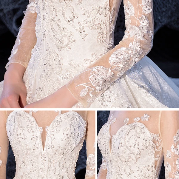 Romantic Ivory See-through Wedding Dresses 2020 Ball Gown Square Neckline 3/4 Sleeve Appliques Lace Beading Cathedral Train Ruffle