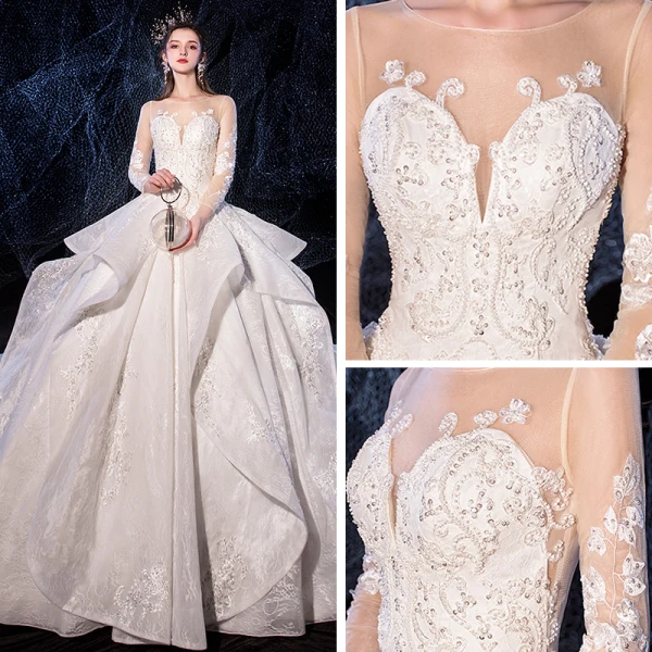 Romantic Ivory See-through Wedding Dresses 2020 Ball Gown Square Neckline 3/4 Sleeve Appliques Lace Beading Cathedral Train Ruffle