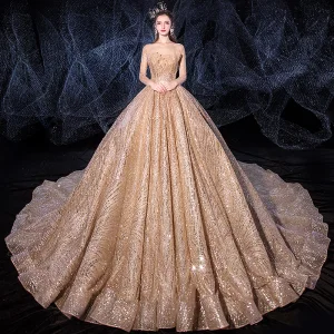 Scintillantes Champagne Transparentes Robe De Mariée 2020 Robe Boule Encolure Carrée Manches Longues Dos Nu Glitter Tulle Paillettes Perlage Royal Train Volants