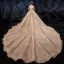 Scintillantes Champagne Transparentes Robe De Mariée 2020 Robe Boule Encolure Carrée Manches Longues Dos Nu Glitter Tulle Paillettes Perlage Royal Train Volants