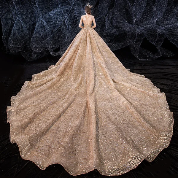 Sparkly Champagne See-through Wedding Dresses 2020 Ball Gown Square Neckline Long Sleeve Backless Glitter Tulle Sequins Beading Royal Train Ruffle Sparkly Champagne See-through Wedding Dresses 2020 Ball Gown Square Neckline Long Sleeve Backless Glitter Tulle Sequins Beading Royal Train Ruffle