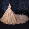 Sparkly Champagne See-through Wedding Dresses 2020 Ball Gown Square Neckline Long Sleeve Backless Glitter Tulle Sequins Beading Royal Train Ruffle