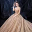 Scintillantes Champagne Transparentes Robe De Mariée 2020 Robe Boule Encolure Carrée Manches Longues Dos Nu Glitter Tulle Paillettes Perlage Royal Train Volants