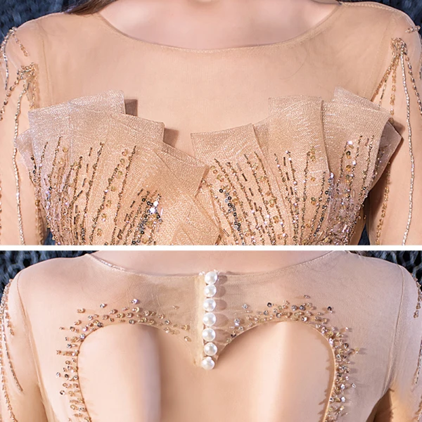 Scintillantes Champagne Transparentes Robe De Mariée 2020 Robe Boule Encolure Carrée Manches Longues Dos Nu Glitter Tulle Paillettes Perlage Royal Train Volants