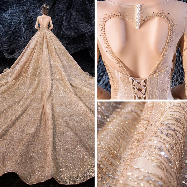Scintillantes Champagne Transparentes Robe De Mariée 2020 Robe Boule Encolure Carrée Manches Longues Dos Nu Glitter Tulle Paillettes Perlage Royal Train Volants