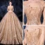 Scintillantes Champagne Transparentes Robe De Mariée 2020 Robe Boule Encolure Carrée Manches Longues Dos Nu Glitter Tulle Paillettes Perlage Royal Train Volants
