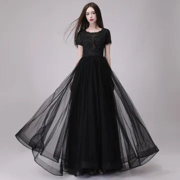 Abordable Noire Robe De Bal 2018 Princesse Encolure Dégagée Manches Courtes Appliques En Dentelle Perlage Longue Volants Dos Nu Robe De Ceremonie