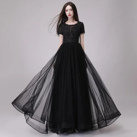 Rimelig Svart Ballkjoler 2018 Prinsesse Scoop Halsen Korte Ermer Appliques Blonder Beading Lange Buste Ryggløse Formelle Kjoler
