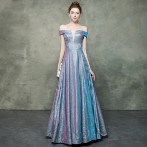 Ciel Étoilé Multi Couleurs Robe De Soirée 2019 Princesse De L 039 Épaule Sans Manches Glitter Polyester Longue Volants Dos Nu Robe De Ceremonie