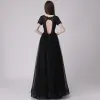 Affordable Black Prom Dresses 2018 A-Line / Princess Scoop Neck Short Sleeve Appliques Lace Beading Floor-Length / Long Ruffle Backless Formal Dresses