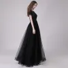 Affordable Black Prom Dresses 2018 A-Line / Princess Scoop Neck Short Sleeve Appliques Lace Beading Floor-Length / Long Ruffle Backless Formal Dresses