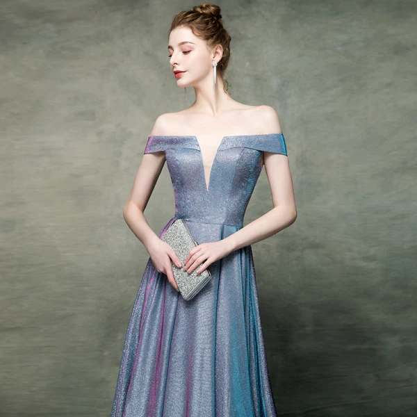 Sternenklarer Himmel Multifarben Abendkleider 2019 A Linie Off Shoulder Ärmellos Glanz Polyester Lange Rüschen Rückenfreies Festliche Kleider