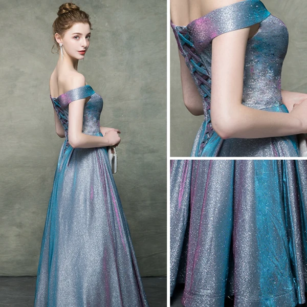 Sternenklarer Himmel Multifarben Abendkleider 2019 A Linie Off Shoulder Ärmellos Glanz Polyester Lange Rüschen Rückenfreies Festliche Kleider
