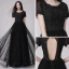 Affordable Black Prom Dresses 2018 A-Line / Princess Scoop Neck Short Sleeve Appliques Lace Beading Floor-Length / Long Ruffle Backless Formal Dresses
