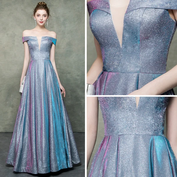 Sternenklarer Himmel Multifarben Abendkleider 2019 A Linie Off Shoulder Ärmellos Glanz Polyester Lange Rüschen Rückenfreies Festliche Kleider