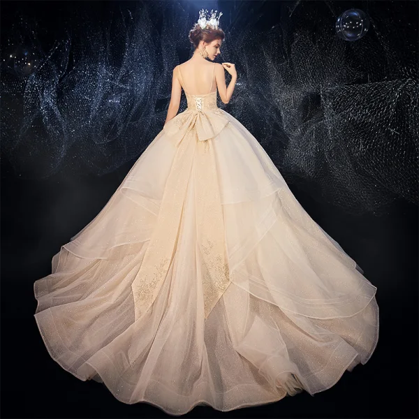 Best Champagne Outdoor / Garden Wedding Dresses 2020 Ball Gown Spaghetti Straps Sleeveless Backless Glitter Tulle Beading Sweep Train Ruffle