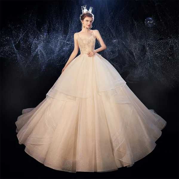 Best Champagne Outdoor / Garden Wedding Dresses 2020 Ball Gown Spaghetti Straps Sleeveless Backless Glitter Tulle Beading Sweep Train Ruffle
