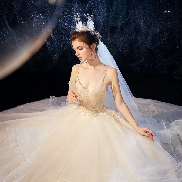 Best Champagne Outdoor / Garden Wedding Dresses 2020 Ball Gown Spaghetti Straps Sleeveless Backless Glitter Tulle Beading Sweep Train Ruffle
