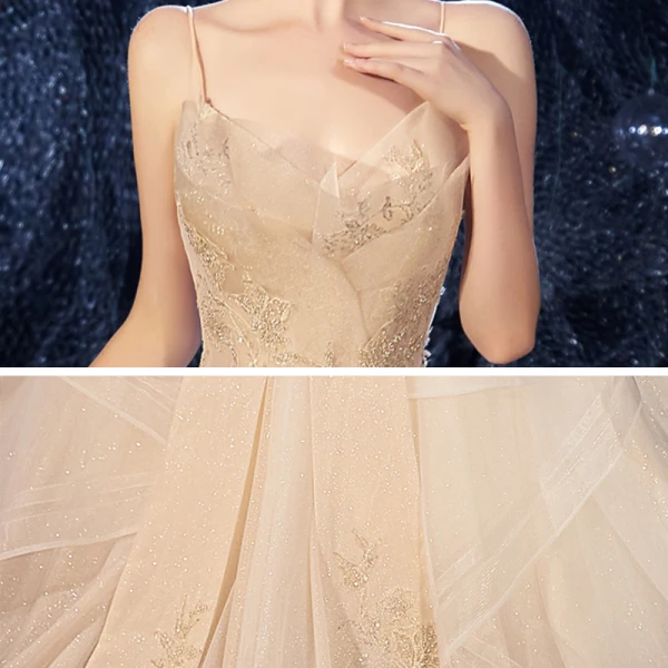 Best Champagne Outdoor / Garden Wedding Dresses 2020 Ball Gown Spaghetti Straps Sleeveless Backless Glitter Tulle Beading Sweep Train Ruffle
