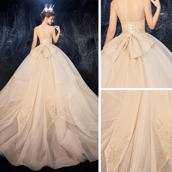 Best Champagne Outdoor / Garden Wedding Dresses 2020 Ball Gown Spaghetti Straps Sleeveless Backless Glitter Tulle Beading Sweep Train Ruffle
