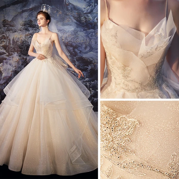 Best Champagne Outdoor / Garden Wedding Dresses 2020 Ball Gown Spaghetti Straps Sleeveless Backless Glitter Tulle Beading Sweep Train Ruffle
