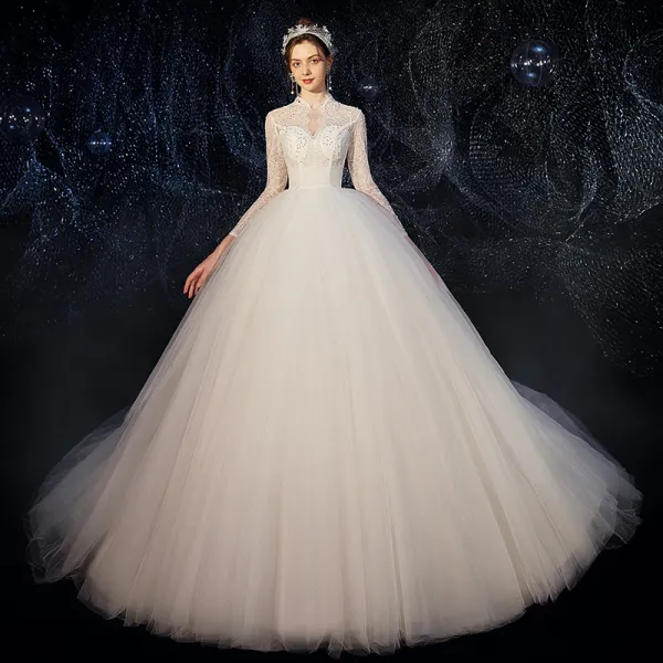 Affordable White Outdoor / Garden See-through Wedding Dresses 2020 Ball Gown High Neck 3/4 Sleeve Beading Pearl Sweep Train Ruffle