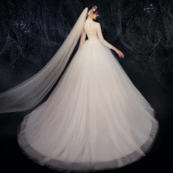 Affordable White Outdoor / Garden See-through Wedding Dresses 2020 Ball Gown High Neck 3/4 Sleeve Beading Pearl Sweep Train Ruffle