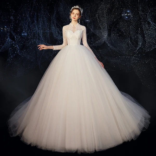 Affordable White Outdoor / Garden See-through Wedding Dresses 2020 Ball Gown High Neck 3/4 Sleeve Beading Pearl Sweep Train Ruffle