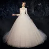 Affordable White Outdoor / Garden See-through Wedding Dresses 2020 Ball Gown High Neck 3/4 Sleeve Beading Pearl Sweep Train Ruffle