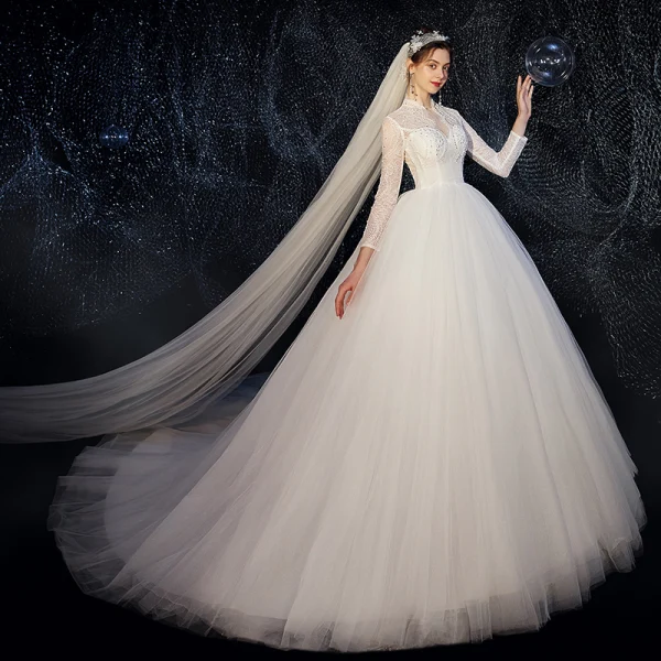 Affordable White Outdoor / Garden See-through Wedding Dresses 2020 Ball Gown High Neck 3/4 Sleeve Beading Pearl Sweep Train Ruffle