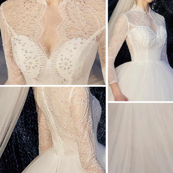 Affordable White Outdoor / Garden See-through Wedding Dresses 2020 Ball Gown High Neck 3/4 Sleeve Beading Pearl Sweep Train Ruffle