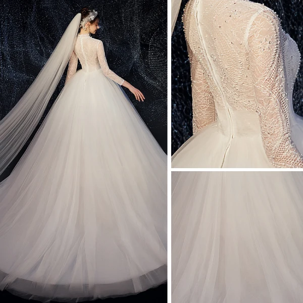 Affordable White Outdoor / Garden See-through Wedding Dresses 2020 Ball Gown High Neck 3/4 Sleeve Beading Pearl Sweep Train Ruffle