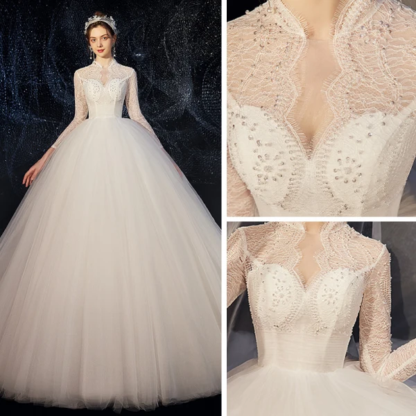 Affordable White Outdoor / Garden See-through Wedding Dresses 2020 Ball Gown High Neck 3/4 Sleeve Beading Pearl Sweep Train Ruffle